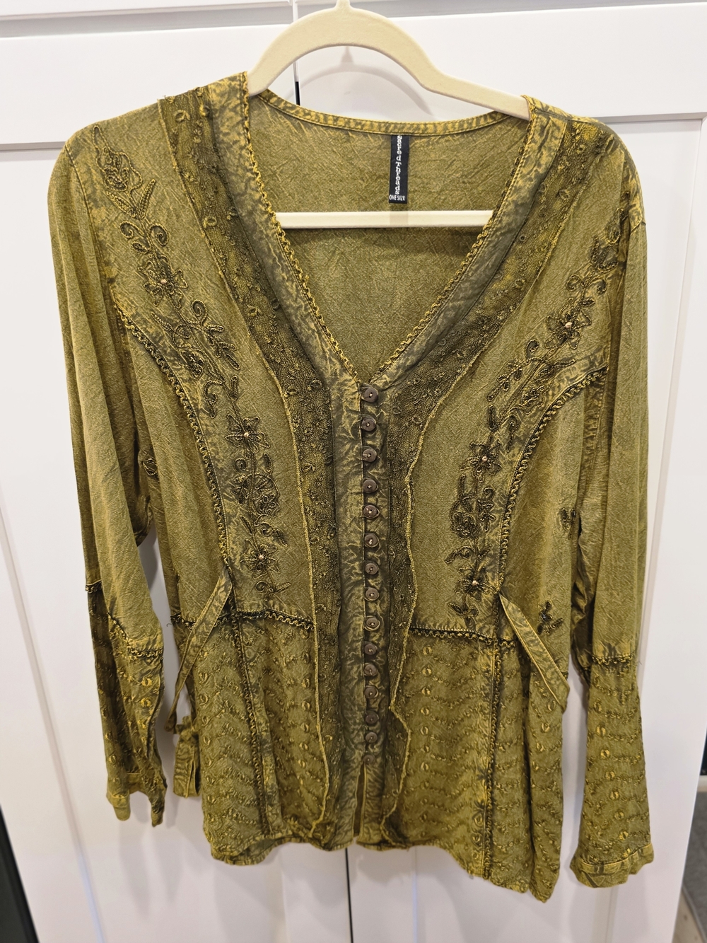 Sacred Threads Mustard Olive Embroidered Button-Front Tunic